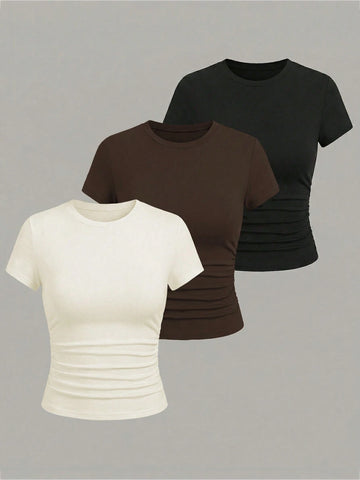 EMERY ROSE 3pcs Women's Casual Everyday Commute Minimalist Solid Color Ruched Fitted Short Sleeve T-Shirts Occasion White And Brown Summer